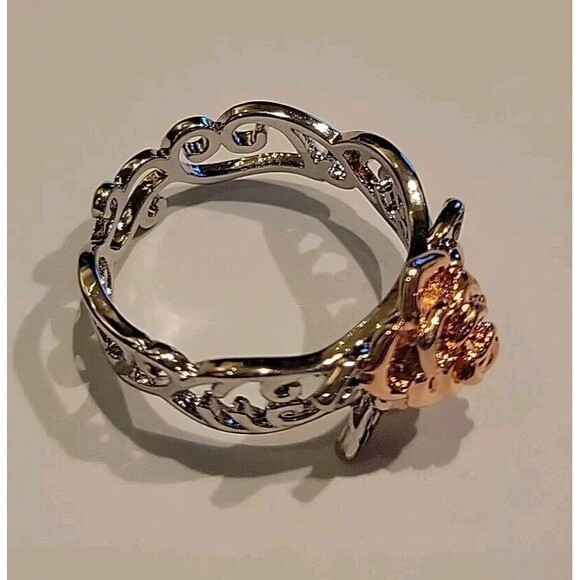 Beautiful Rose Gold Tone & Silver Plate Ornate Open Scroll Band Ring Sz 7.5 - Picture 4 of 6